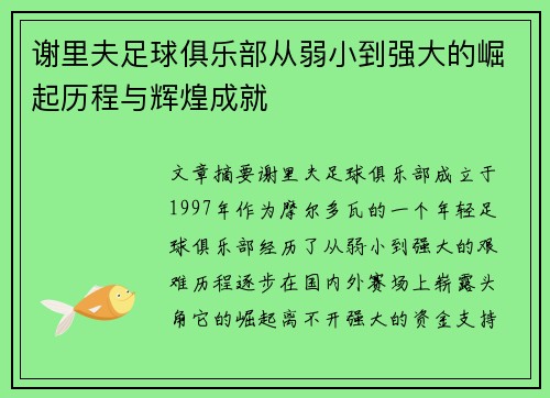 谢里夫足球俱乐部从弱小到强大的崛起历程与辉煌成就